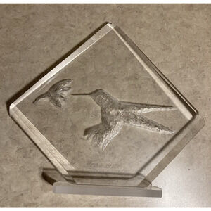 Vintage 1995 Acrylic Etched Lucite Hummingbird And Flower Signed Sculpture